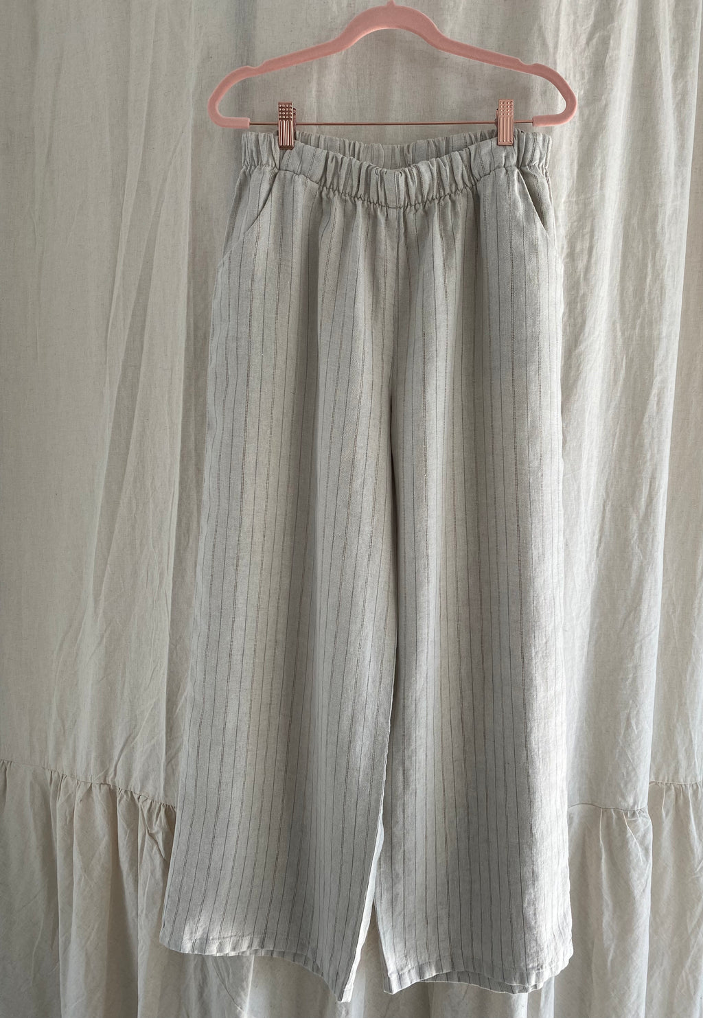 Marketplace - Large - Belle Wide Leg Slacks - Linen Herringbone - Dove Grey Stripe