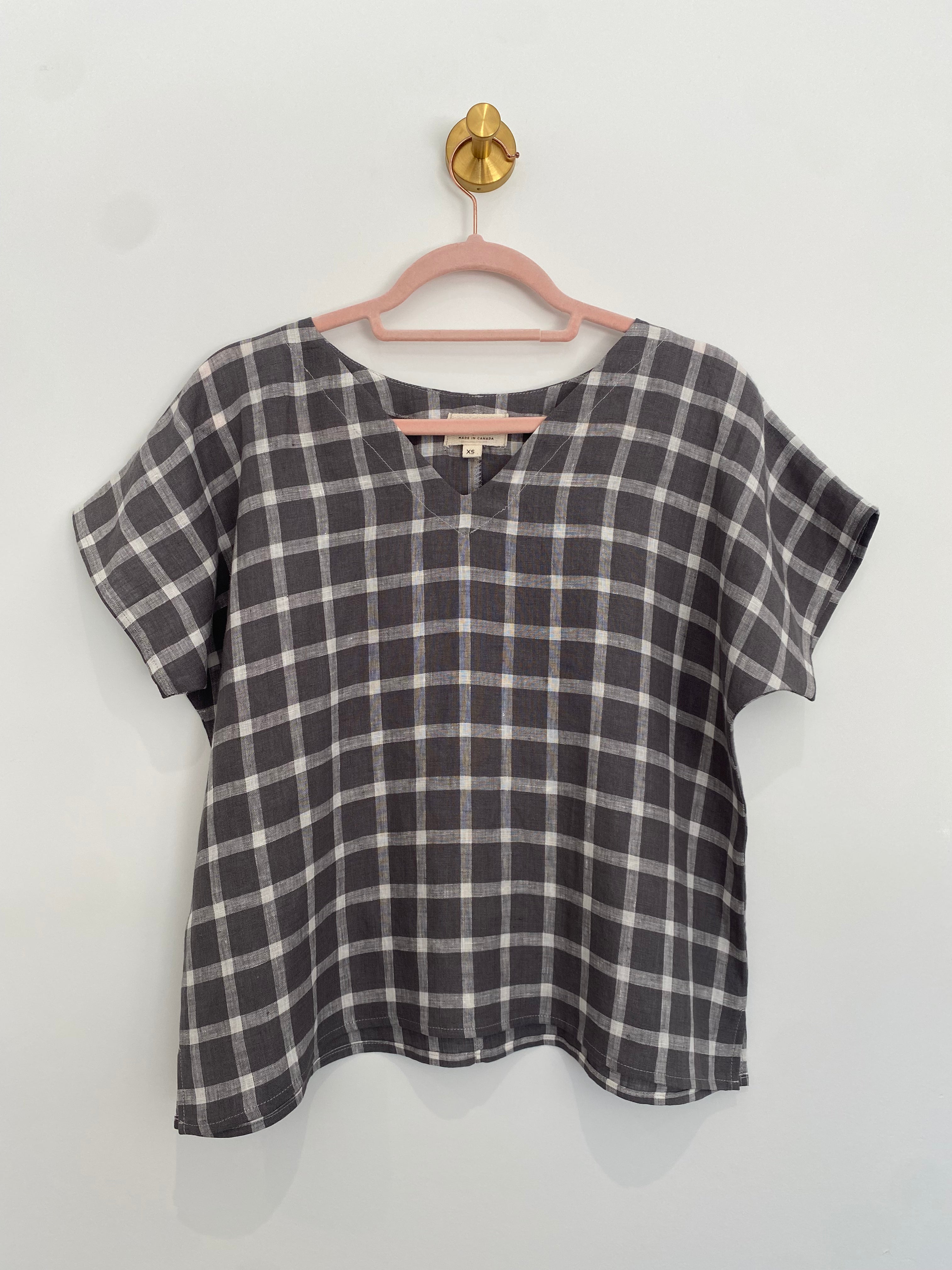 Marketplace - XS - V Neck Box Top - Linen - Grey Check