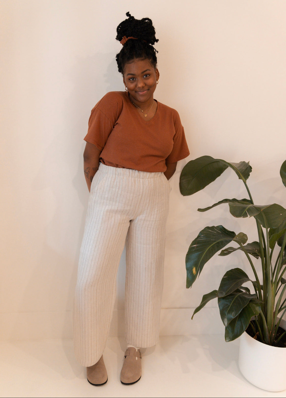 The Belle - Wide Leg Slacks - Linen Checks &  Stripe