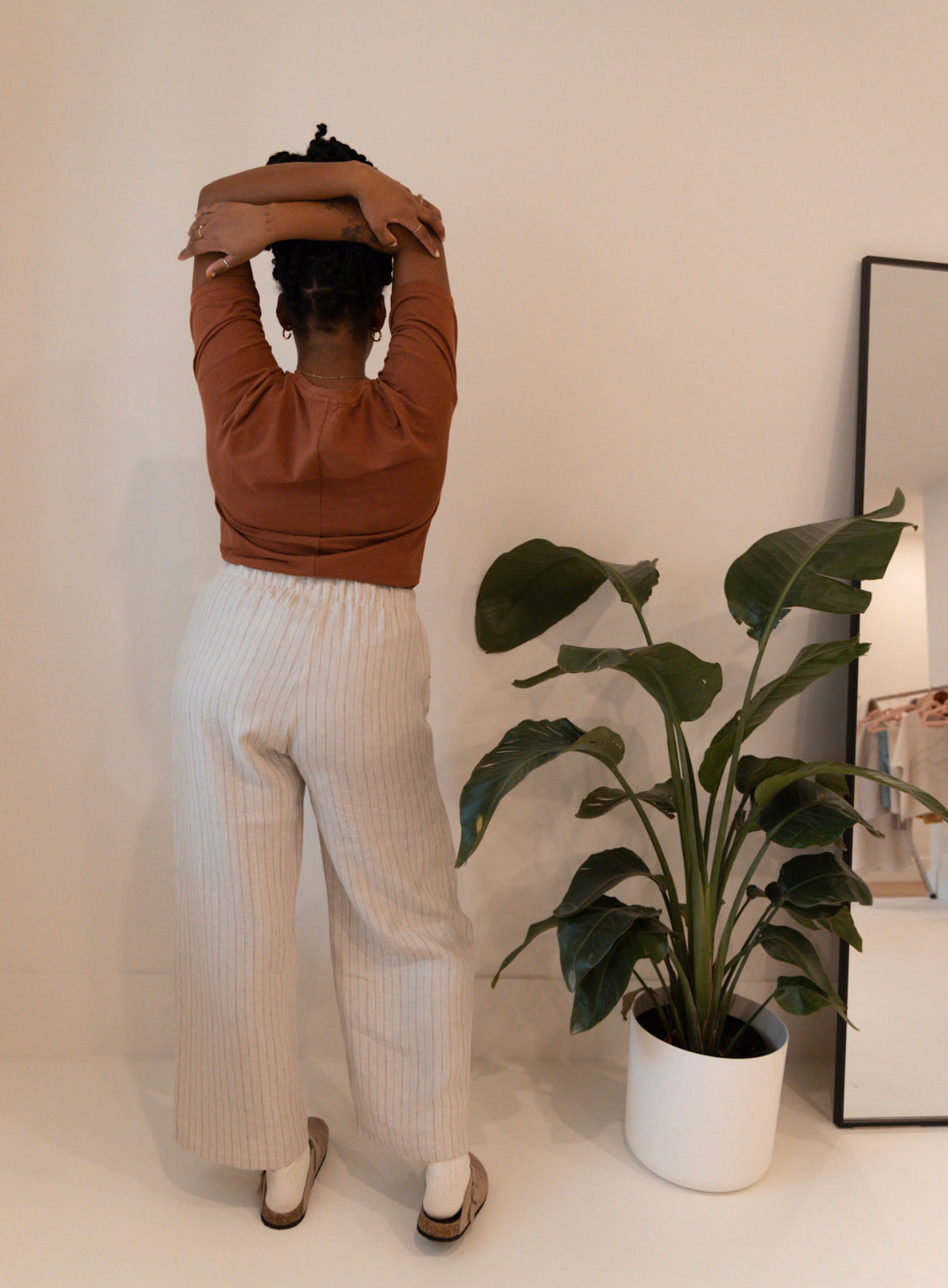 The Belle - Wide Leg Slacks - Linen Checks &  Stripe