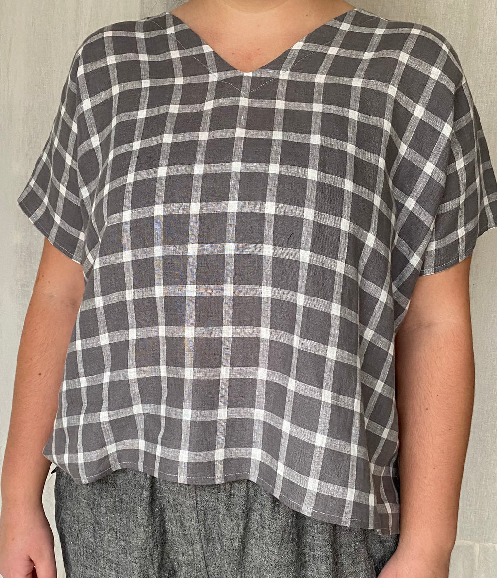 Marketplace - XS - V Neck Box Top - Linen - Grey Check