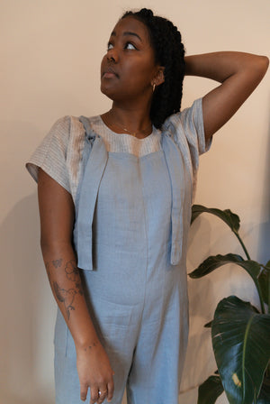 Marketplace - Large - Dungaree Wide Leg Pedal Pushers - Linen - Arctic Blue