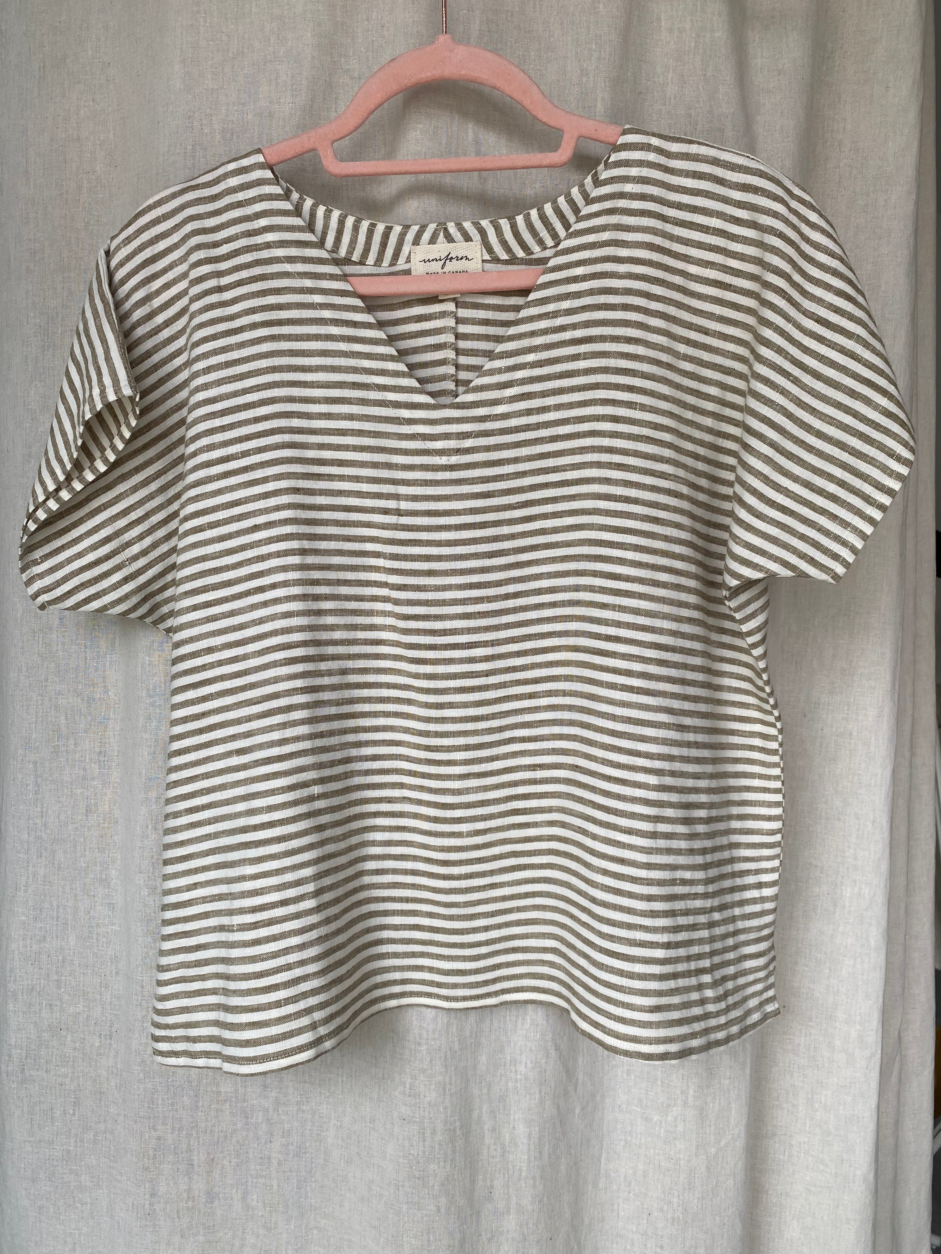 Marketplace - XS - V Neck Box Top - Linen - Olive Stripe