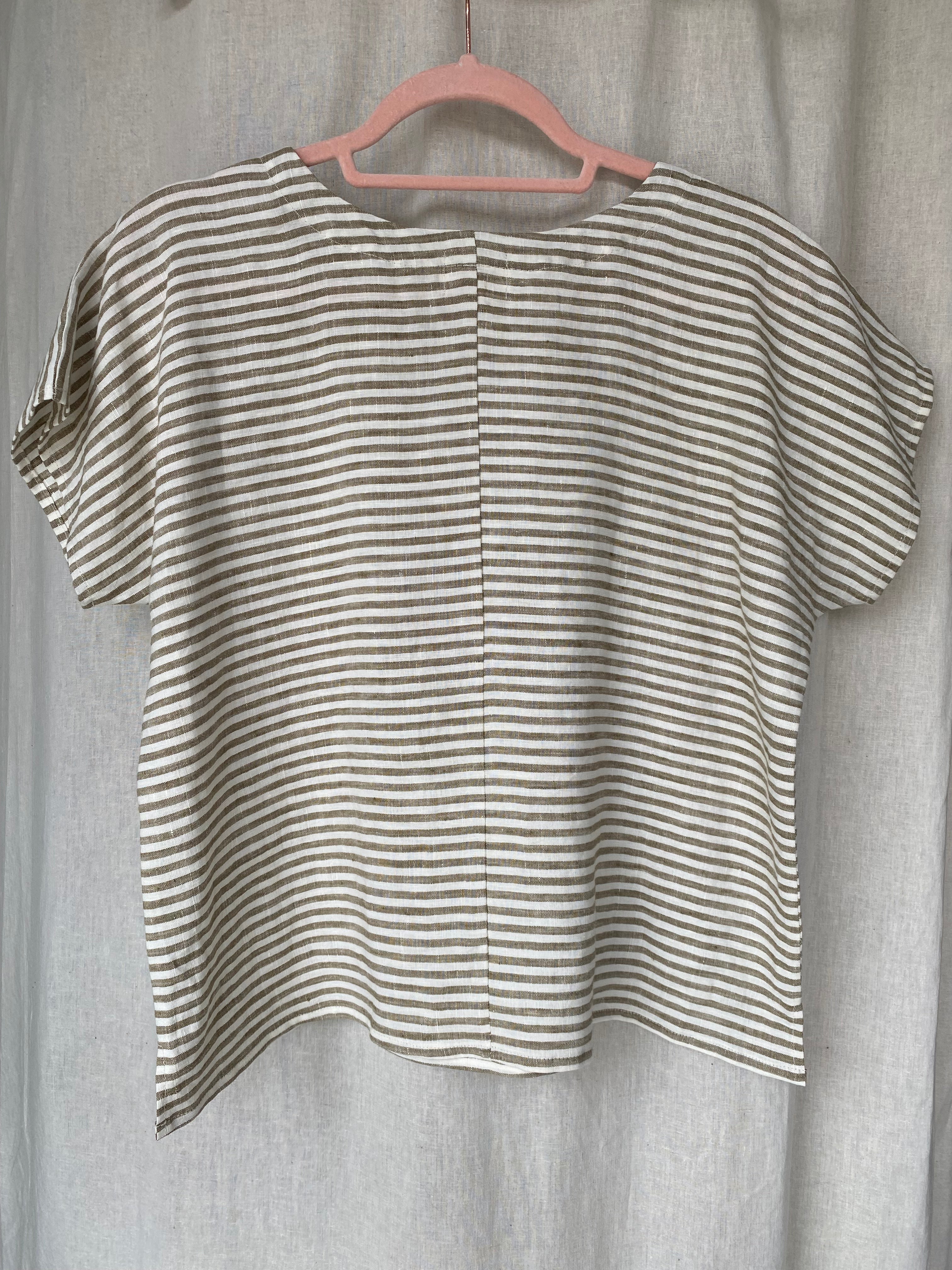 Marketplace - XS - V Neck Box Top - Linen - Olive Stripe