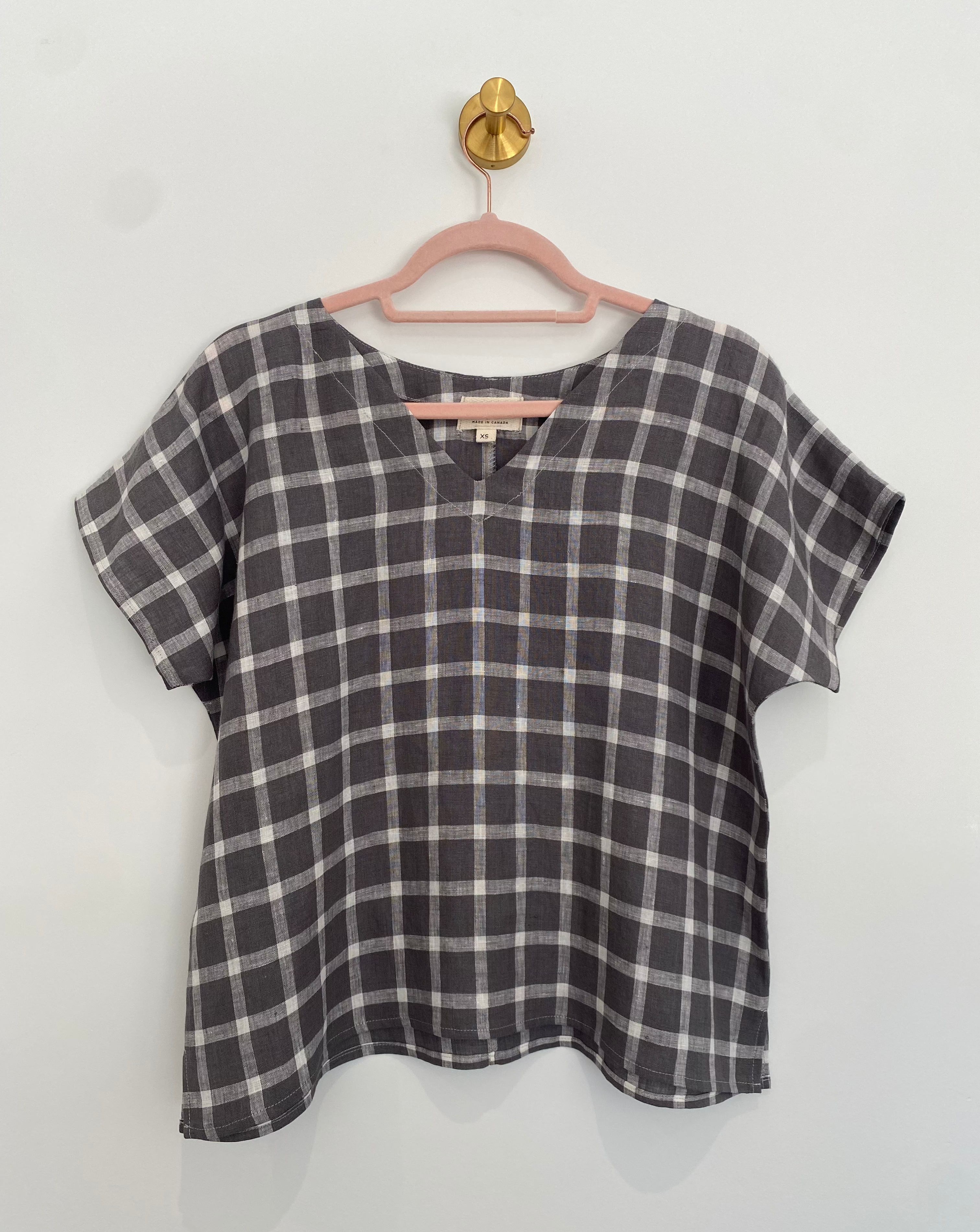 Marketplace - XS - V Neck Box Top - Linen - Grey Check