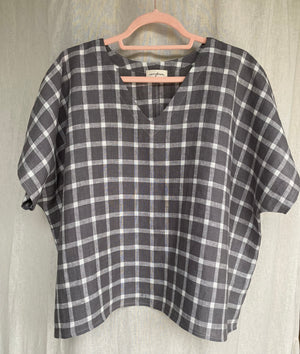 Marketplace - Large - V Neck Box Top - Linen - Grey Check